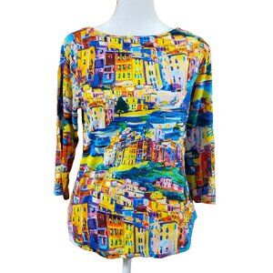 Peck & Peck Village Novelty Print 3/4 Sleeve Top Women's Petite M Artsy Stretch